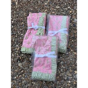 Mark & Graham Pink Block Print Ruffle Dinner Napkins Set of 12 New Floral Green